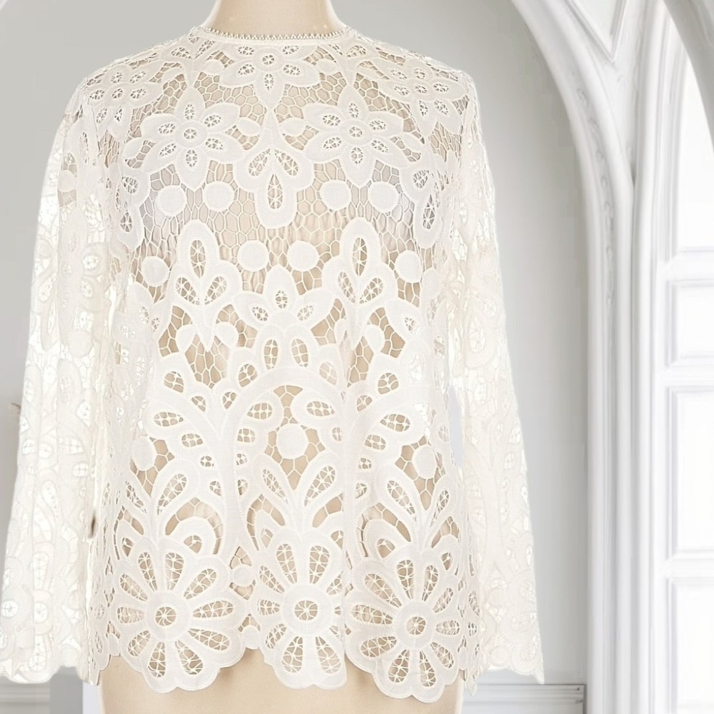 Johnny Was Lisetta Lace Long-sleeve Blouse Sheer Women's XL Boho‎ Minimalist